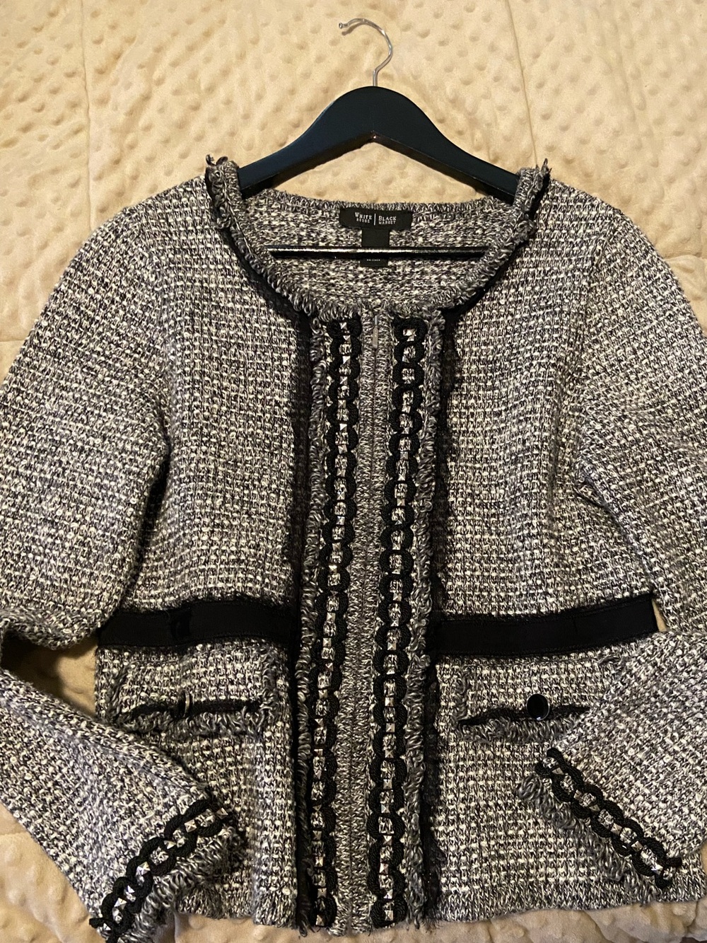 White House Black Market Black and White Tweed Blazer with Trim